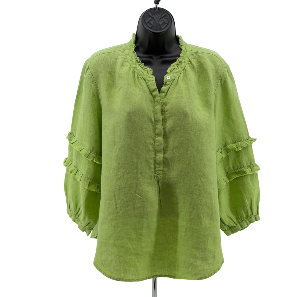 Ivy Jane Tunic Womens Small Linen Ruffle Ballon Sleeve Split Neck Top Boho